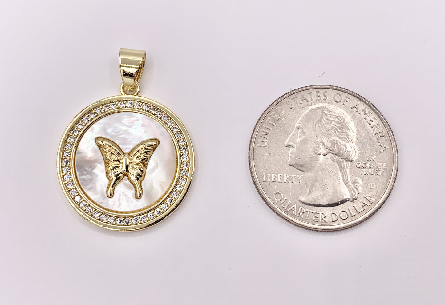 White Lip Shell Coin Butterfly Charm in Real Gold Plated 18K Micro CZ Pave Over Copper 4 PCS
