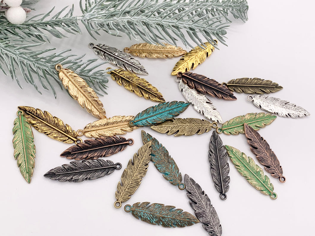 12x41mm Pewter Detailed Leaf Pendants Bulk Order in Rosy Gold, Antique Gold, Silver, Copper, Brass, Gunmetal, Blue And Green Patina