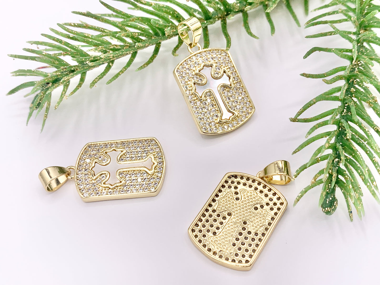 Religious CZ Pave Rectangular Pendants with White Lip Shell Cross in 18K Gold plated over Copper 4 PCS