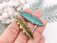 Load image into Gallery viewer, 12x41mm Pewter Detailed Leaf Pendants Bulk Order in Rosy Gold, Antique Gold, Silver, Copper, Brass, Gunmetal, Blue And Green Patina
