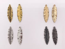 Load image into Gallery viewer, 12x41mm Pewter Detailed Leaf Pendants Bulk Order in Rosy Gold, Antique Gold, Silver, Copper, Brass, Gunmetal, Blue And Green Patina
