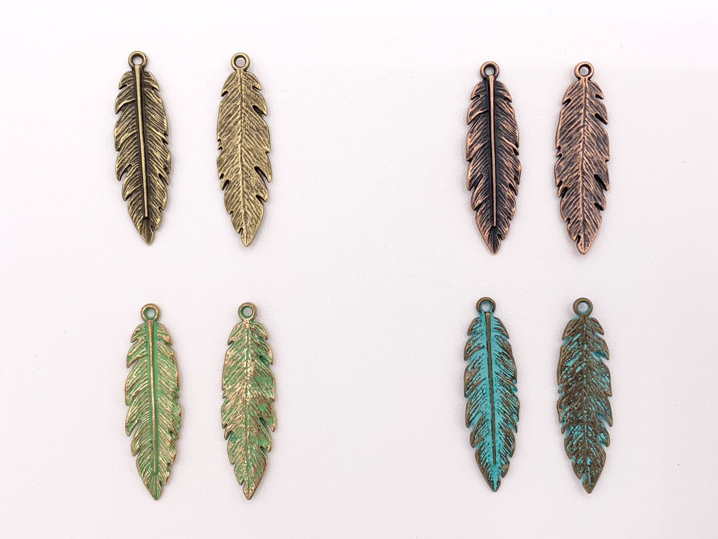 12x41mm Pewter Detailed Leaf Pendants Bulk Order in Rosy Gold, Antique Gold, Silver, Copper, Brass, Gunmetal, Blue And Green Patina