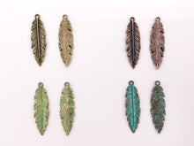 Load image into Gallery viewer, 12x41mm Pewter Detailed Leaf Pendants Bulk Order in Rosy Gold, Antique Gold, Silver, Copper, Brass, Gunmetal, Blue And Green Patina
