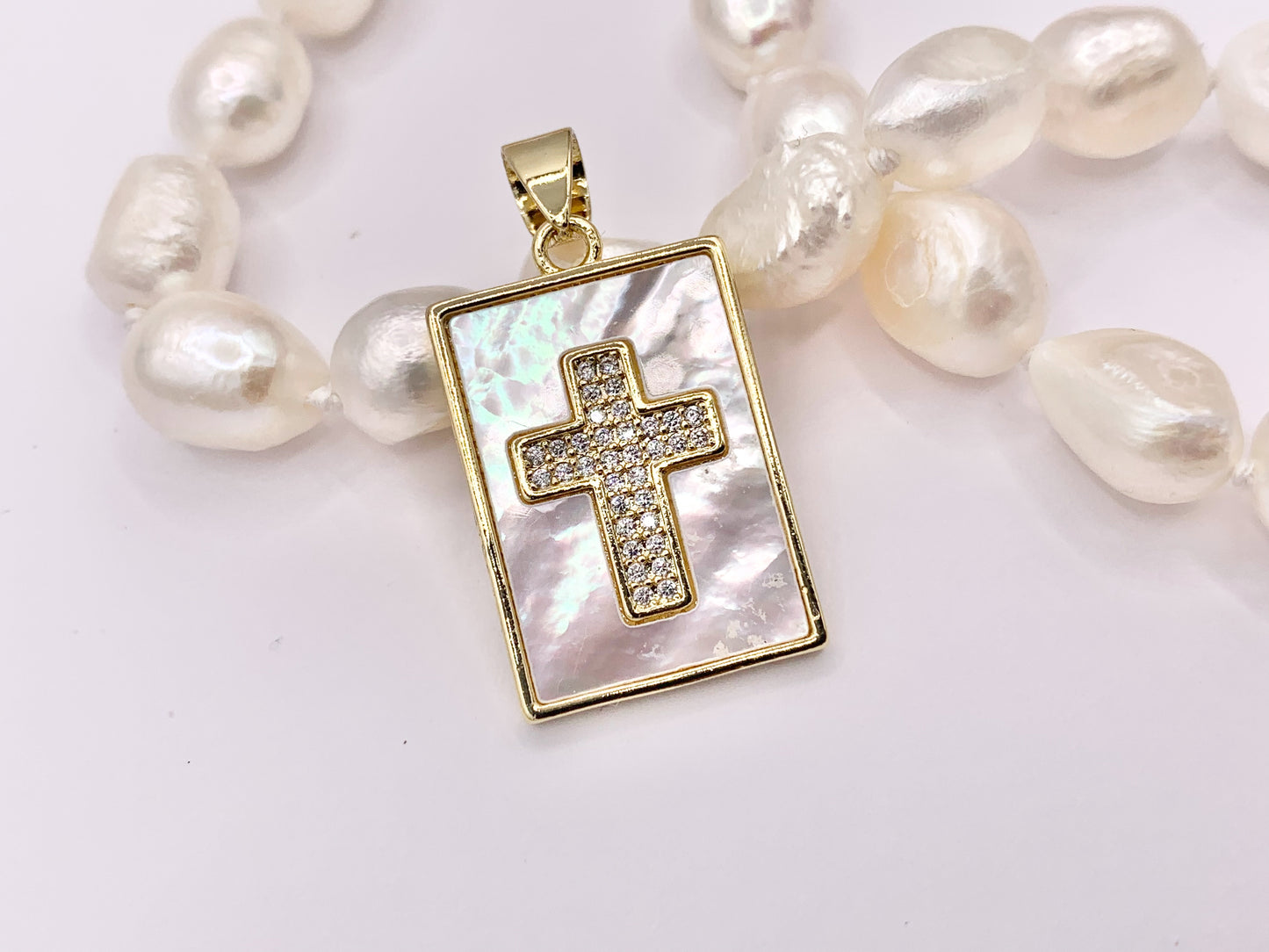 Religious White Lip Shell Rectangle Pendants with CZ Pave Cross in 18K Gold Plated over Copper 4 PCS