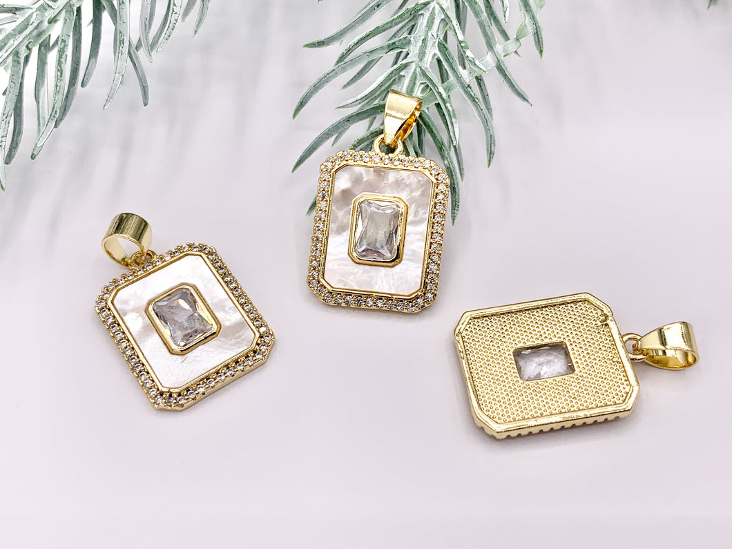 White Lip Shell Rectangle Pendants with CZ Pave in 18K Gold Plated over Copper 4 PCS