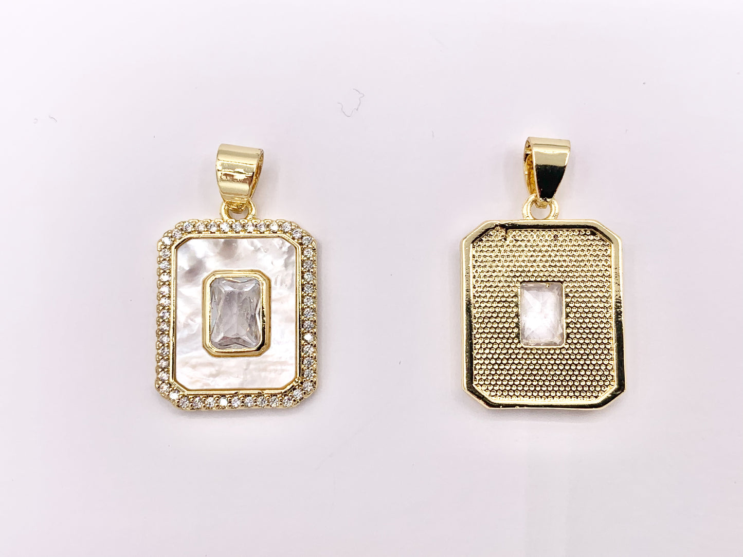 White Lip Shell Rectangle Pendants with CZ Pave in 18K Gold Plated over Copper 4 PCS