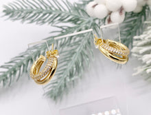 Load image into Gallery viewer, Dainty Crescent Earring Hoops in Real Gold 18K Plated CZ Pave Copper 3 PAIRS
