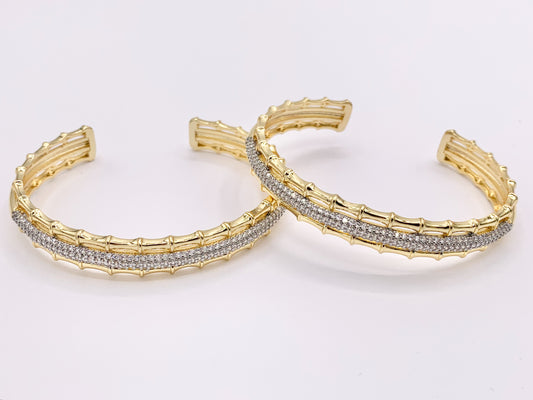 2 Tone Cute Bamboo Layered Adjustable Bangle in Gold/Silver Plated over Brass