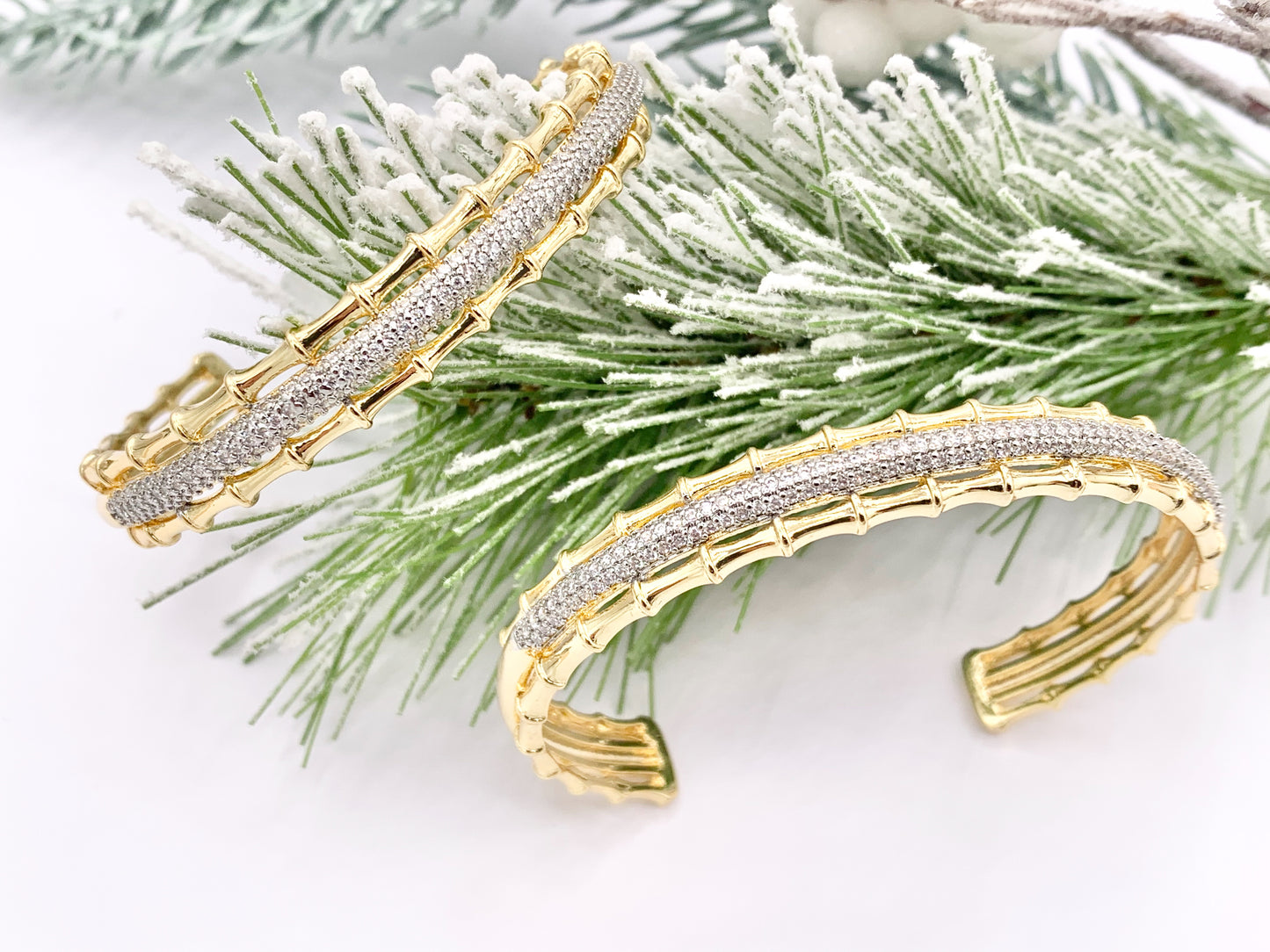 2 Tone Cute Bamboo Layered Adjustable Bangle in Gold/Silver Plated over Brass