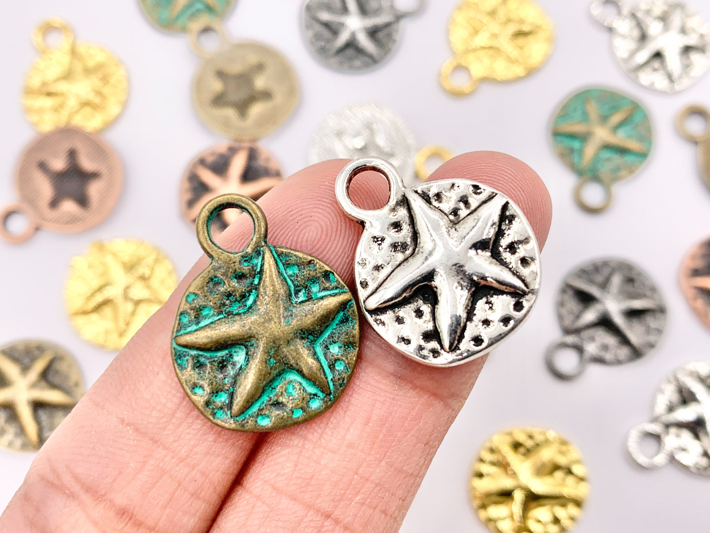 16mm Pewter Starfish Carved Circle Pendants One Sided Sealife Coin Charms Bulk Order in Gold, Silver, Brass, Copper, Gunmetal, Green Patina