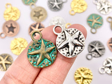 Cargar imagen en el visor de la galería, 16mm Pewter Starfish Carved Circle Pendants One Sided Sealife Coin Charms Bulk Order in Gold, Silver, Brass, Copper, Gunmetal, Green Patina
