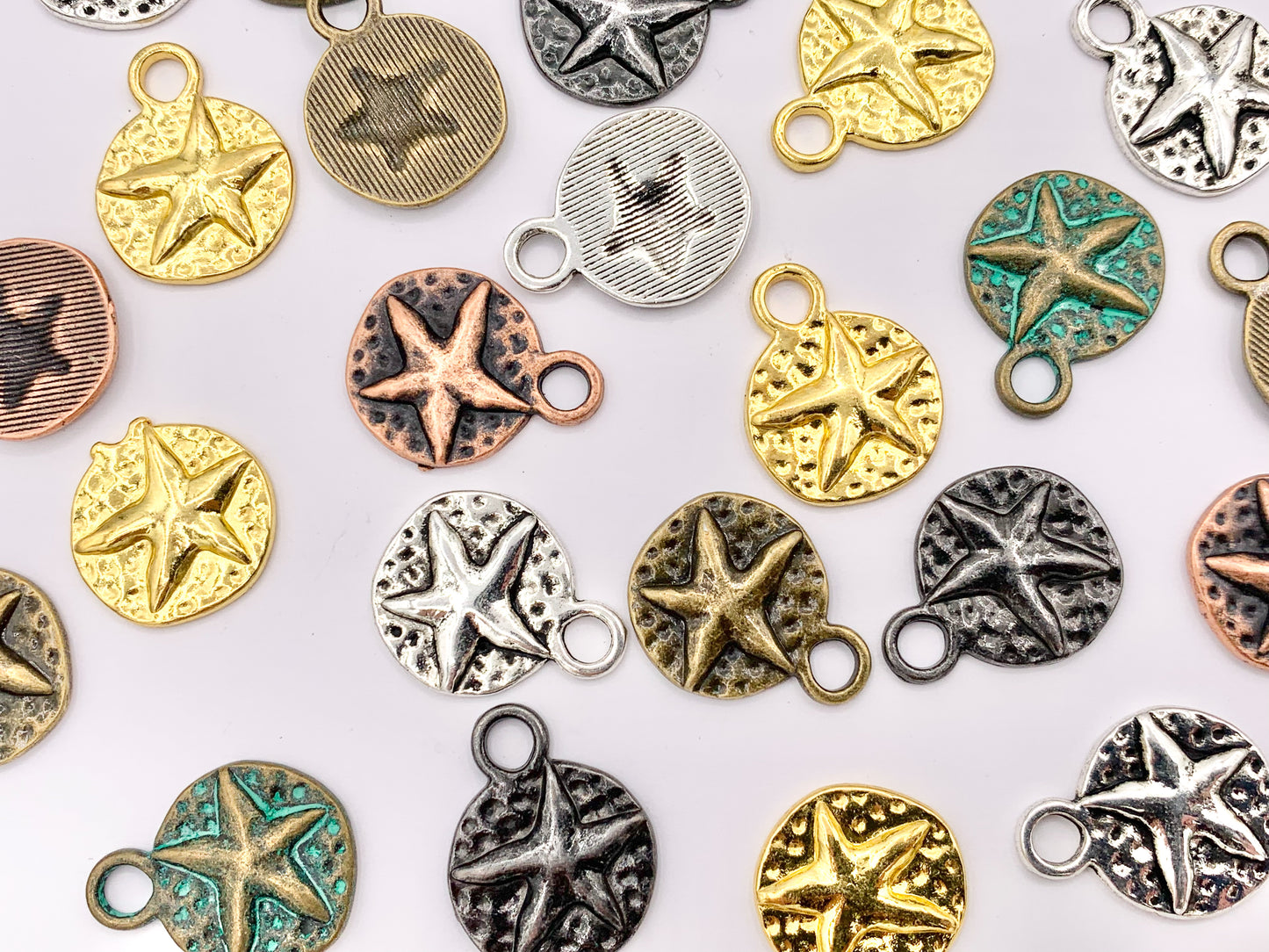 16mm Pewter Starfish Carved Circle Pendants One Sided Sealife Coin Charms Bulk Order in Gold, Silver, Brass, Copper, Gunmetal, Green Patina