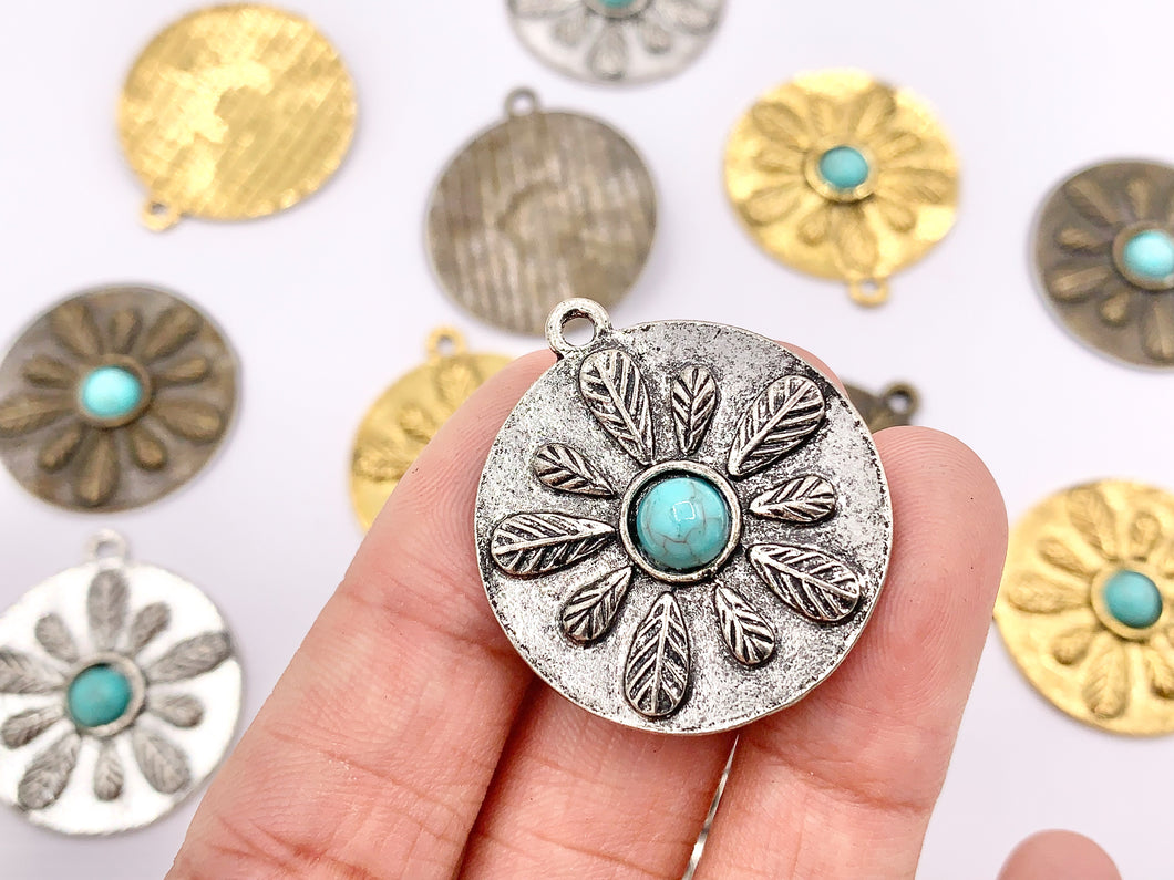 26mm Pewter Flower With Turquoise Charms Cute Floral Pendants in Gold, Silver and Bronze Color 10 PCS