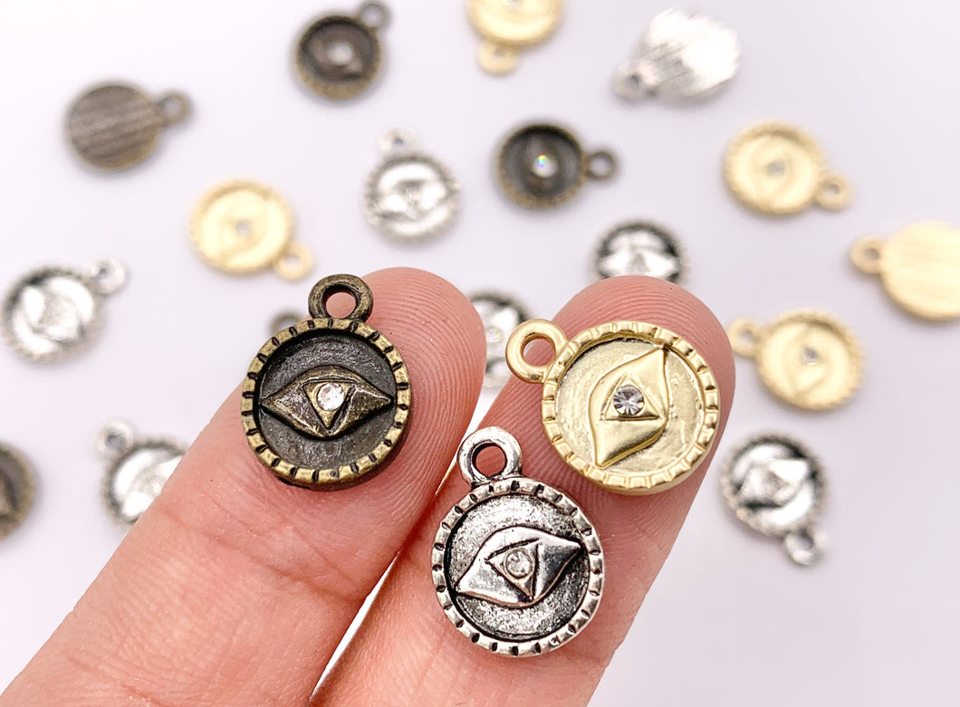 10mm Pewter Evil Eye Crystal Circle Pendants Cute Coin One Sided Charms in Matte Gold, Silver, Brass