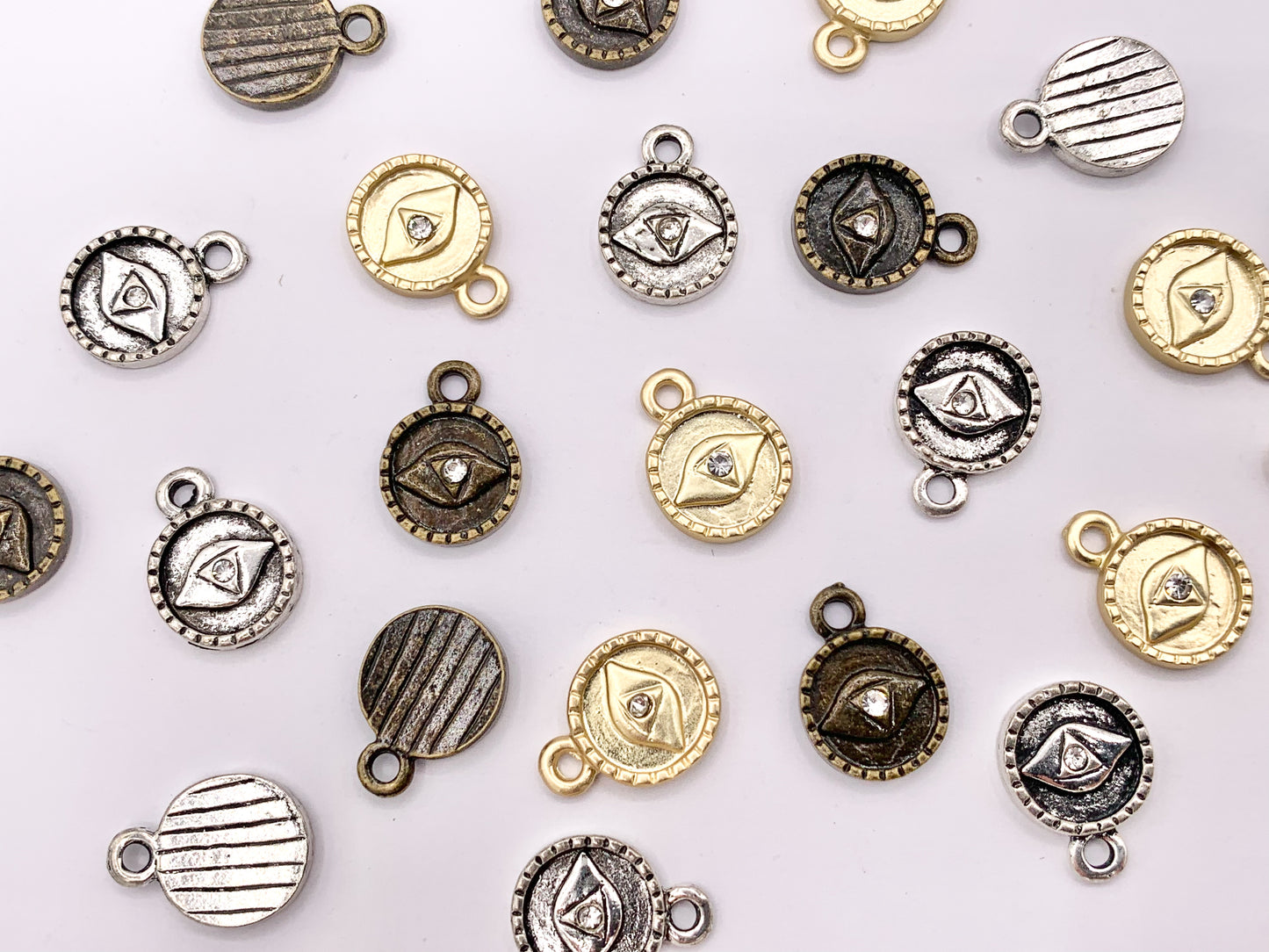 10mm Pewter Evil Eye Crystal Circle Pendants Cute Coin One Sided Charms in Matte Gold, Silver, Brass