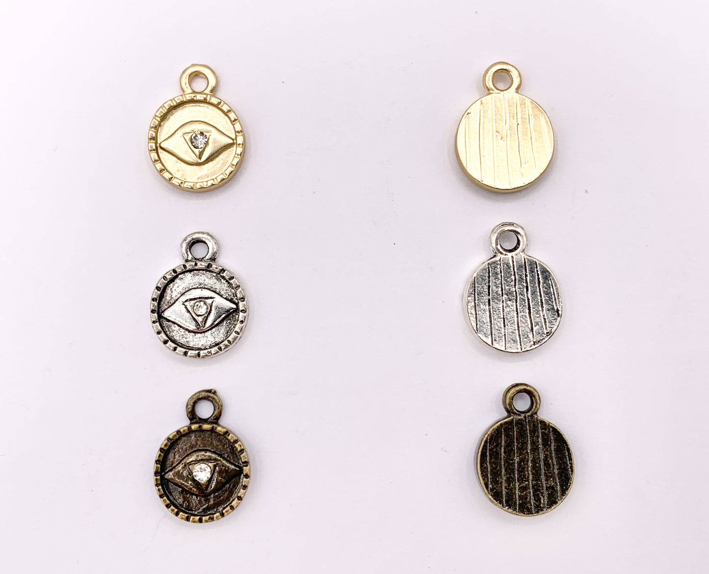 10mm Pewter Evil Eye Crystal Circle Pendants Cute Coin One Sided Charms in Matte Gold, Silver, Brass
