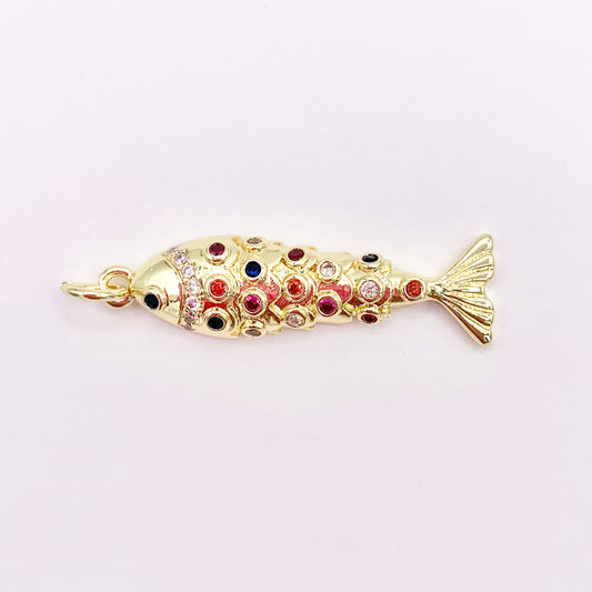 Colorful CZ Pave Fish Charms in 18K Gold Plated Copper Base 6 PCS