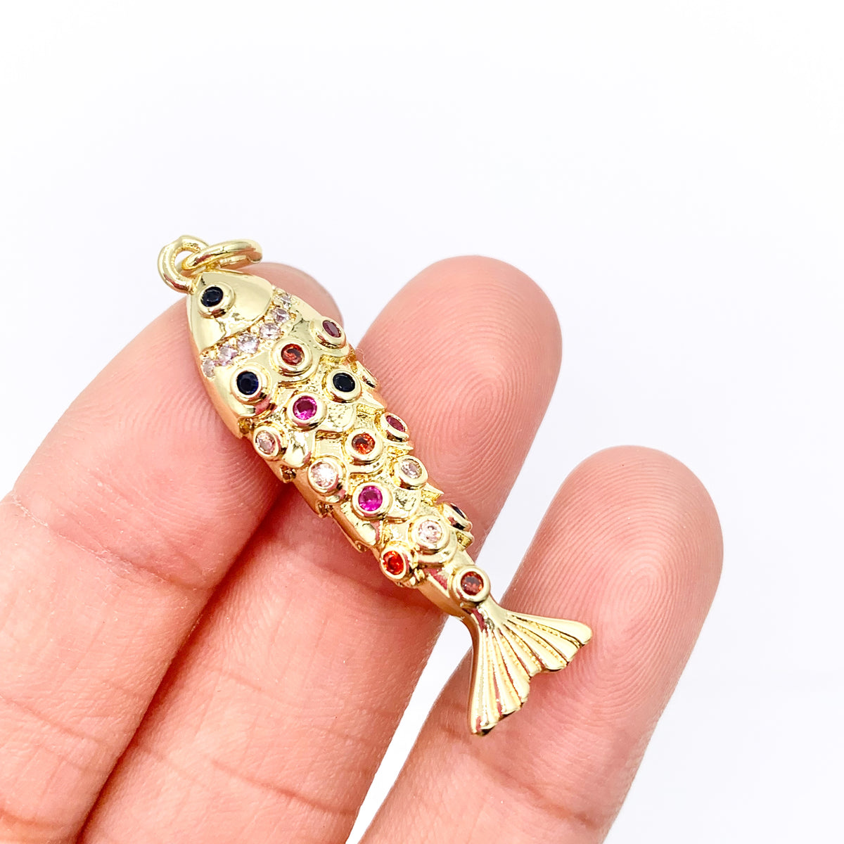 Colorful CZ Pave Fish Charms in 18K Gold Plated Copper Base 6 PCS