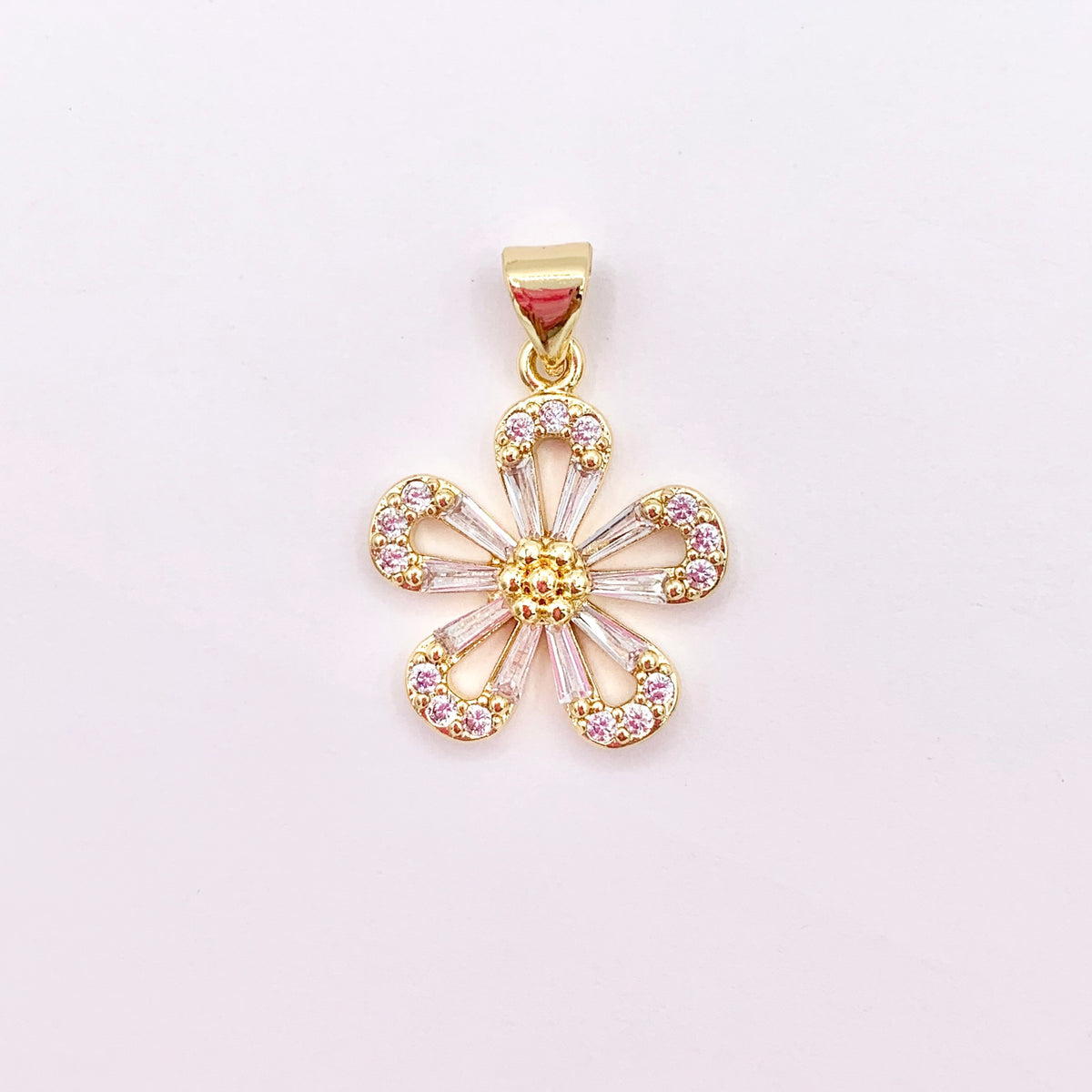 Daisy Flower Charm in Real Gold 18K Plated Micro CZ Clear Pave Over Brass 6 PCS