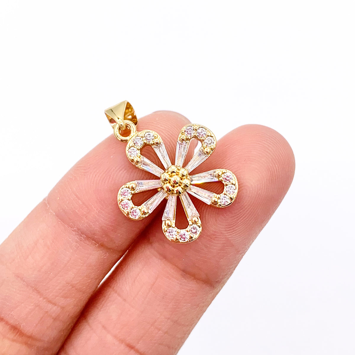 Daisy Flower Charm in Real Gold 18K Plated Micro CZ Clear Pave Over Brass 6 PCS