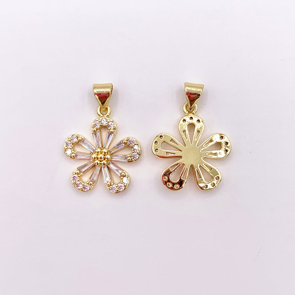 Daisy Flower Charm in Real Gold 18K Plated Micro CZ Clear Pave Over Brass 6 PCS