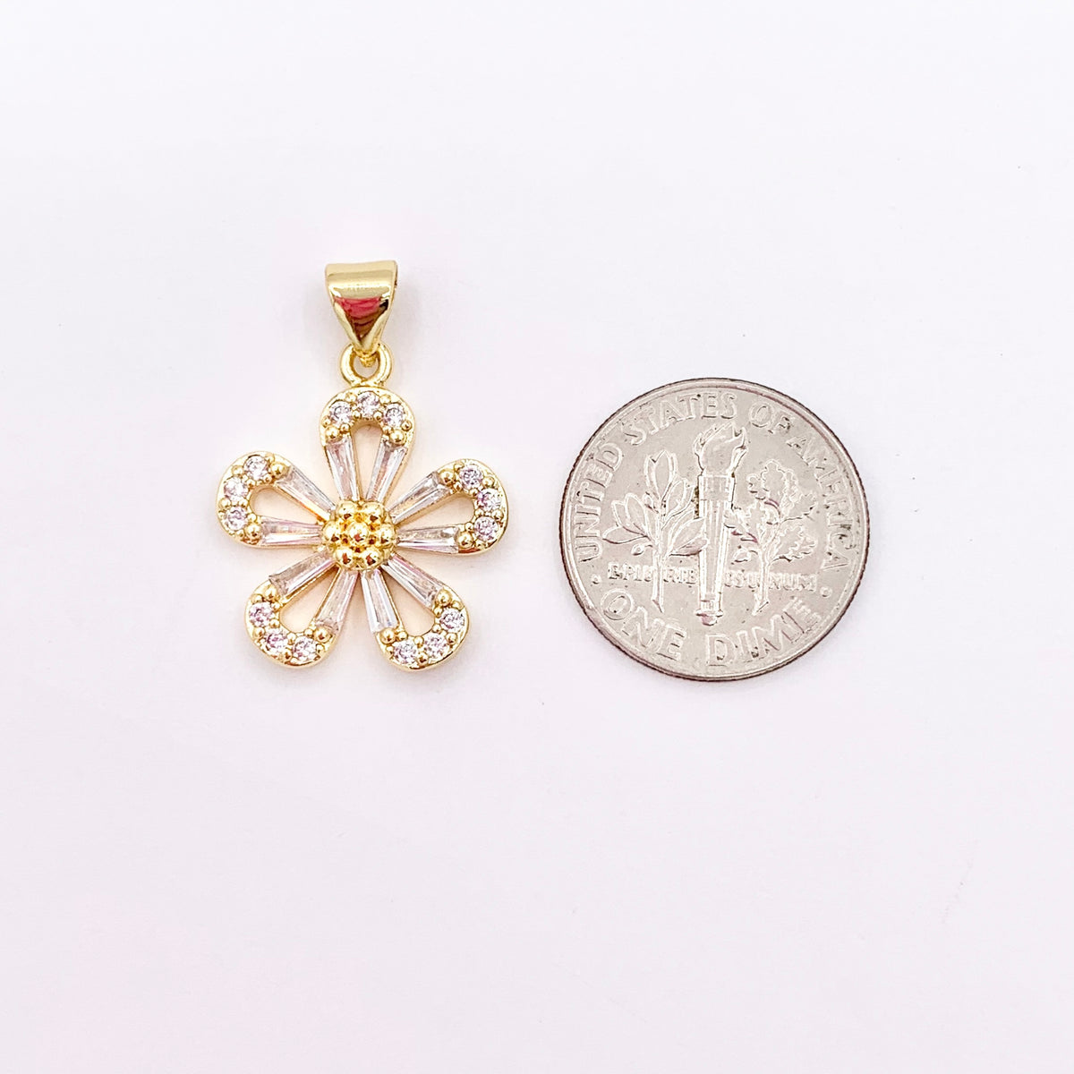 Daisy Flower Charm in Real Gold 18K Plated Micro CZ Clear Pave Over Brass 6 PCS