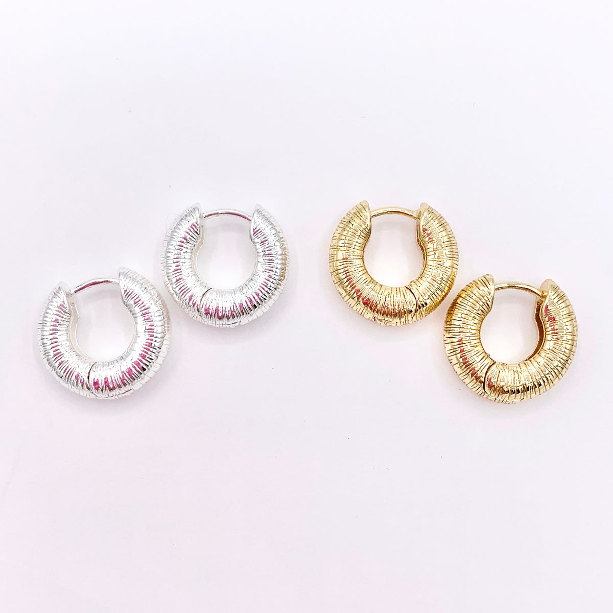 Minimalist 16mm Scrunch Hoop Huggie Earrings in 18K Gold/Silver Plated Over Copper 4 PAIRS