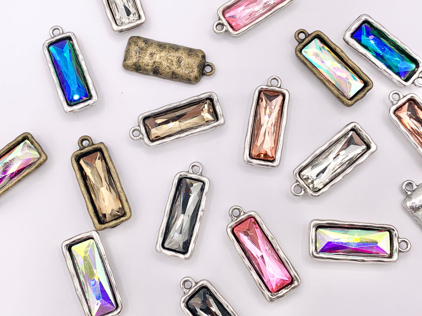 13x33mm Pewter Soldered Crystal Skinny Rectangle Silver And Bronze Pendant Available in 9 Colors 6 PCS