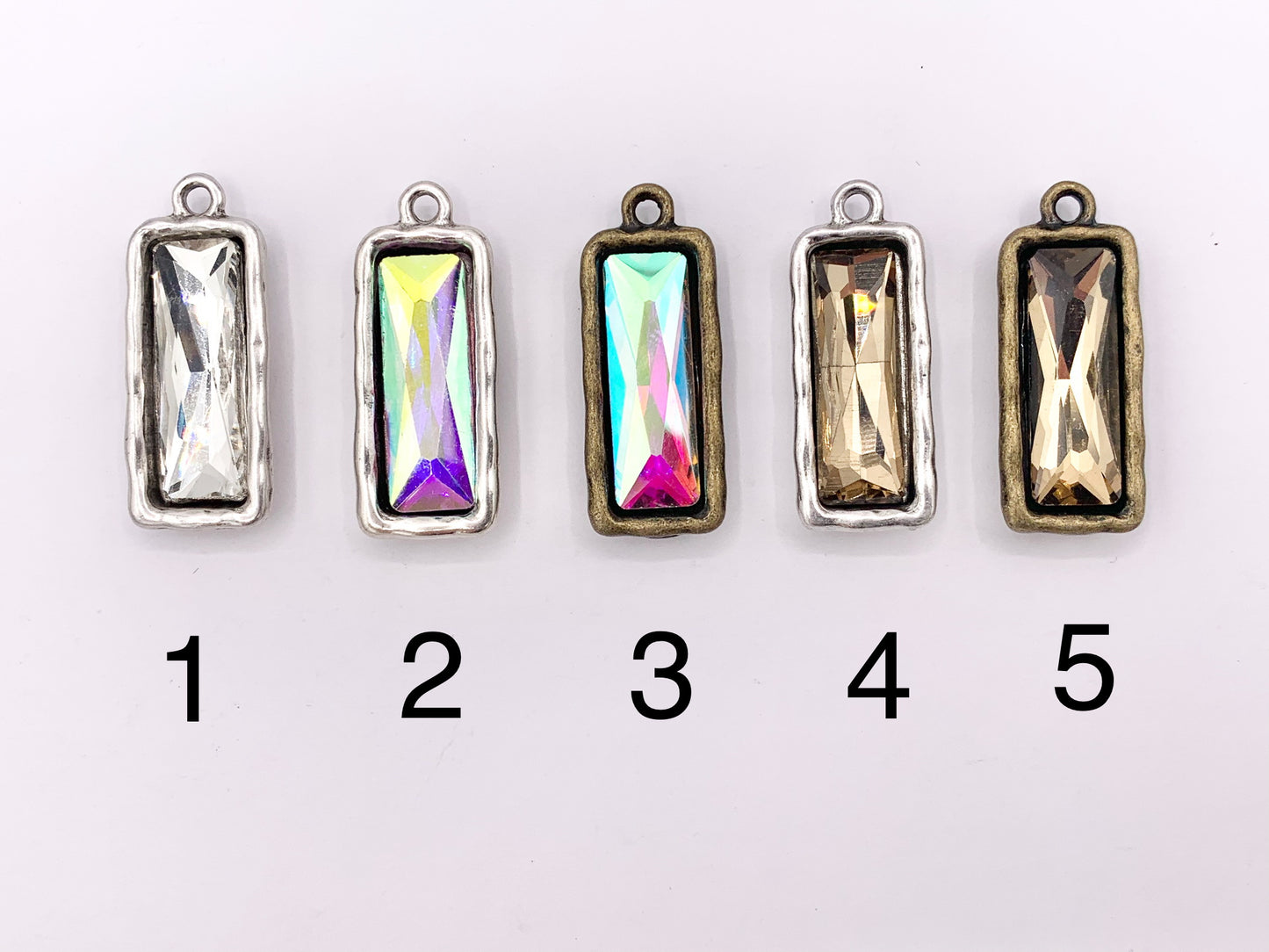 13x33mm Pewter Soldered Crystal Skinny Rectangle Silver And Bronze Pendant Available in 9 Colors 6 PCS