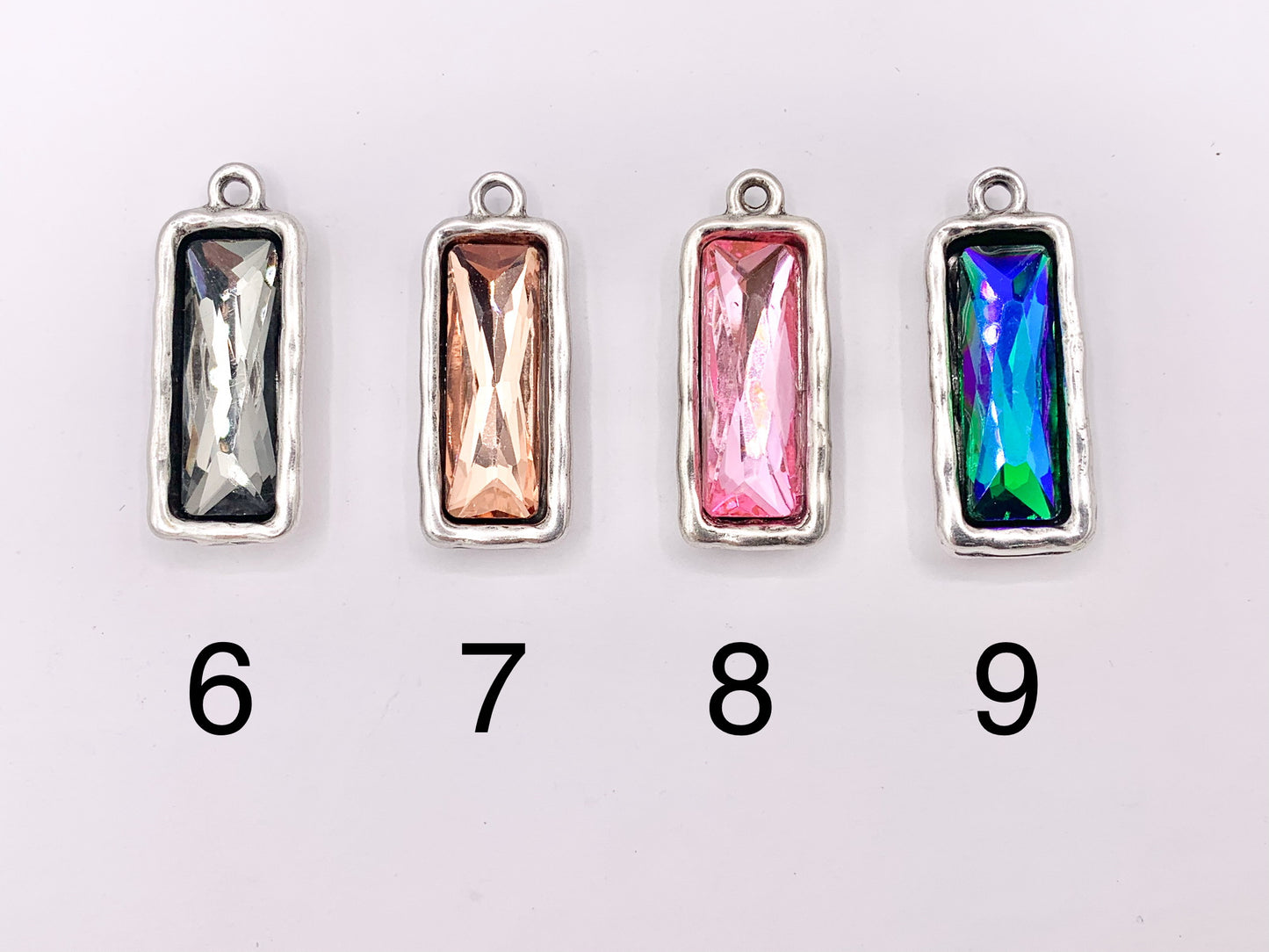 13x33mm Pewter Soldered Crystal Skinny Rectangle Silver And Bronze Pendant Available in 9 Colors 6 PCS