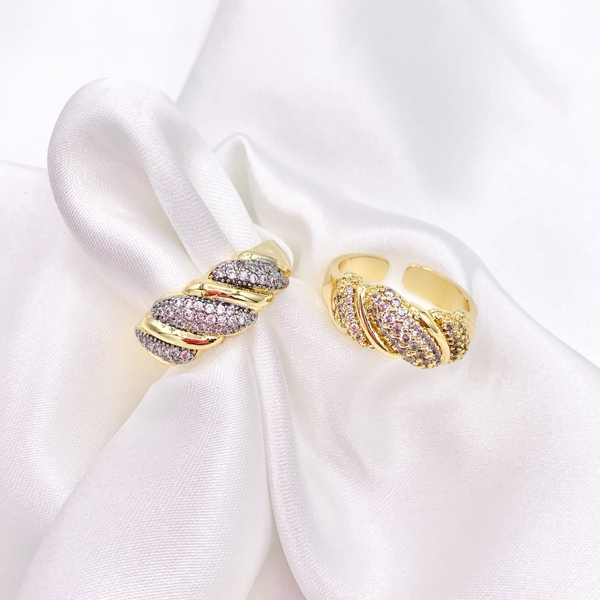 Thick Band Ring in Real Gold 18K/2 Tone Plated Copper CZ Pave 4 PCS