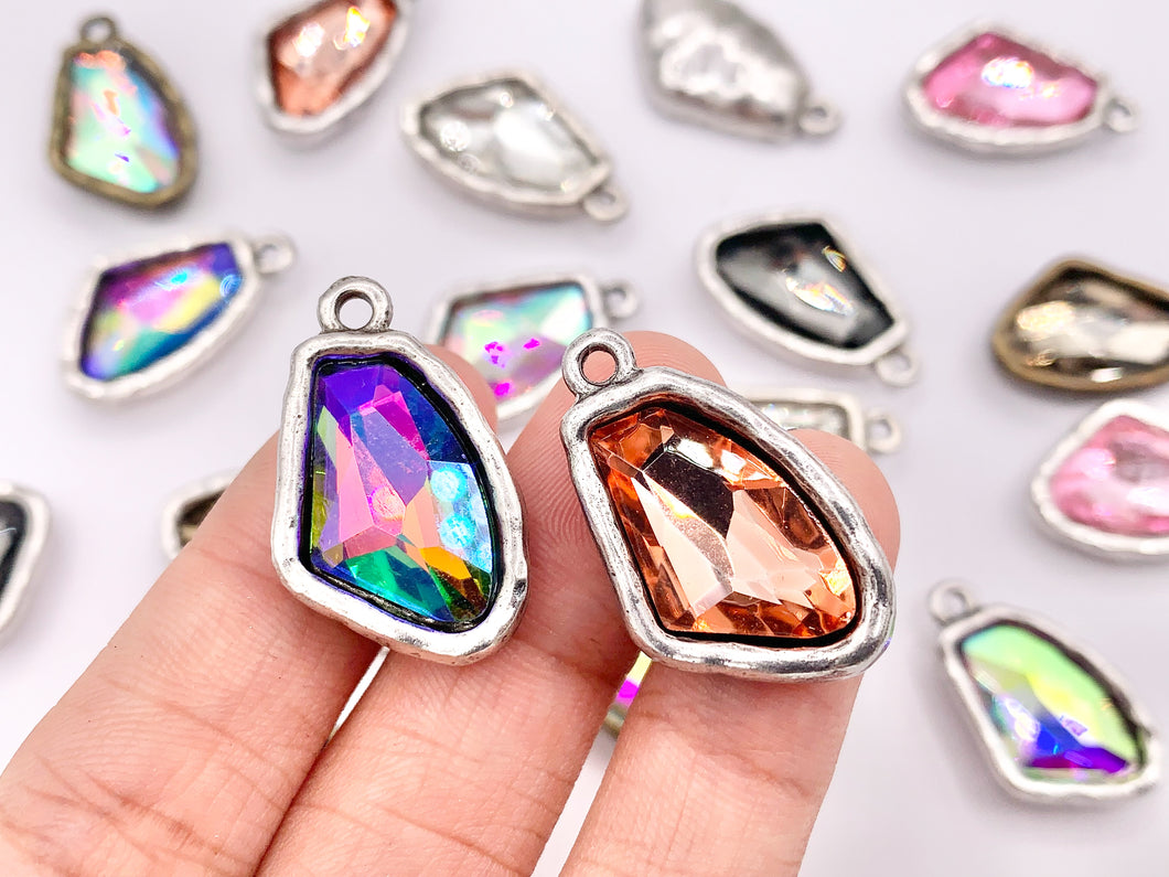 16x26mm Pewter Soldered Irregular Shape Silver and Brass Crystal Glass Charm in 9 Colors 6PCS