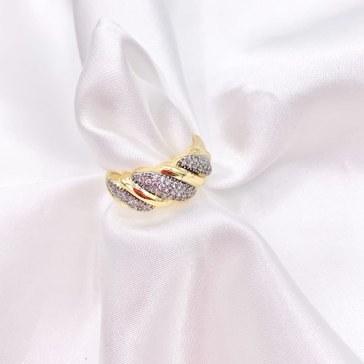 Thick Band Ring in Real Gold 18K/2 Tone Plated Copper CZ Pave 4 PCS