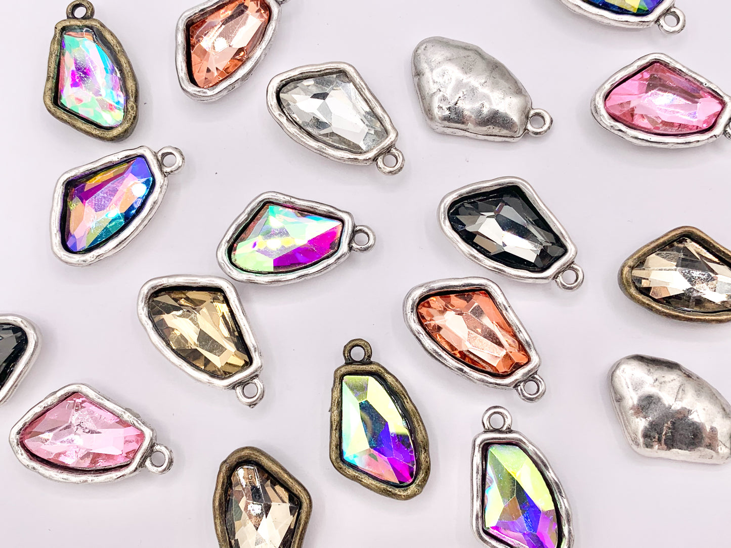 16x26mm Pewter Soldered Irregular Shape Silver and Brass Crystal Glass Charm in 9 Colors 6PCS