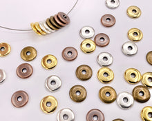 Load image into Gallery viewer, 10mm Pewter Thin Disc Spacer Beads in Gold, Silver, Copper and Bronze Color 125g
