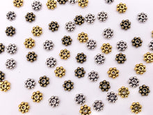 Load image into Gallery viewer, 6mm Pewter Tiny Daisy Spacer Beads Cute Flower Space Beads in Gold, Silver, and Bronze Color 125g
