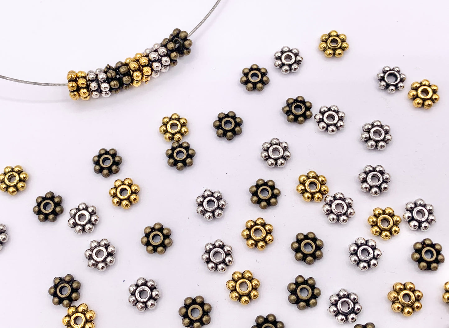 6mm Pewter Tiny Daisy Spacer Beads Cute Flower Space Beads in Gold, Silver, and Bronze Color 100g