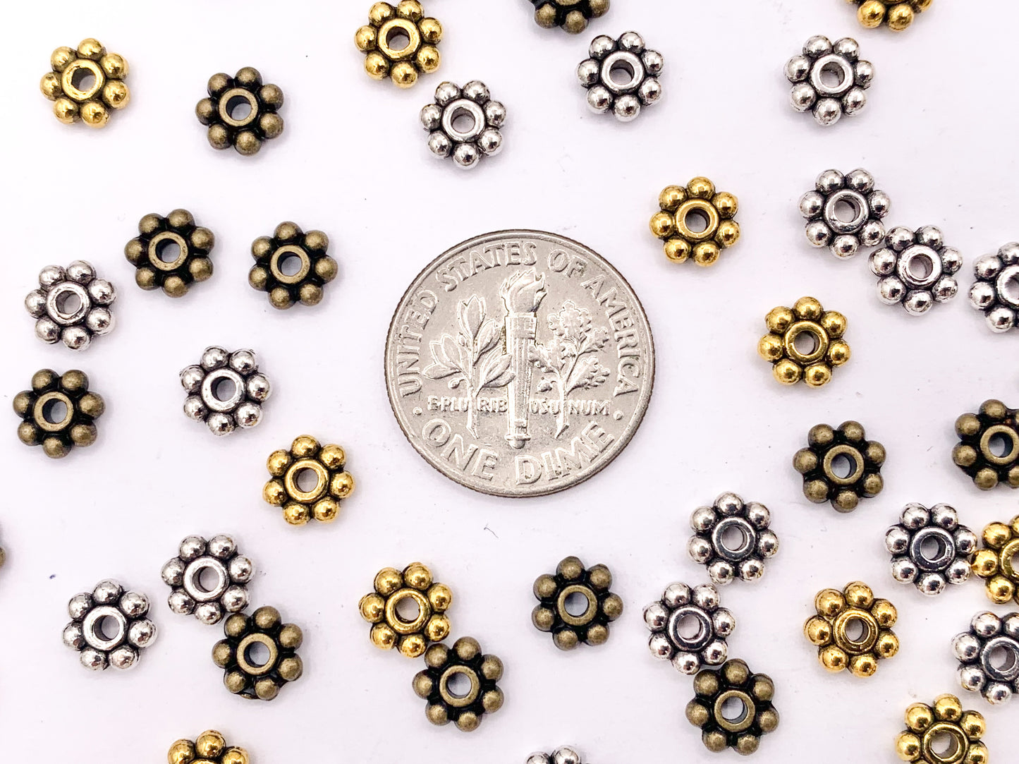 6mm Pewter Tiny Daisy Spacer Beads Cute Flower Space Beads in Gold, Silver, and Bronze Color 100g