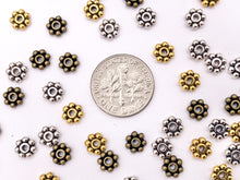 Load image into Gallery viewer, 6mm Pewter Tiny Daisy Spacer Beads Cute Flower Space Beads in Gold, Silver, and Bronze Color 125g
