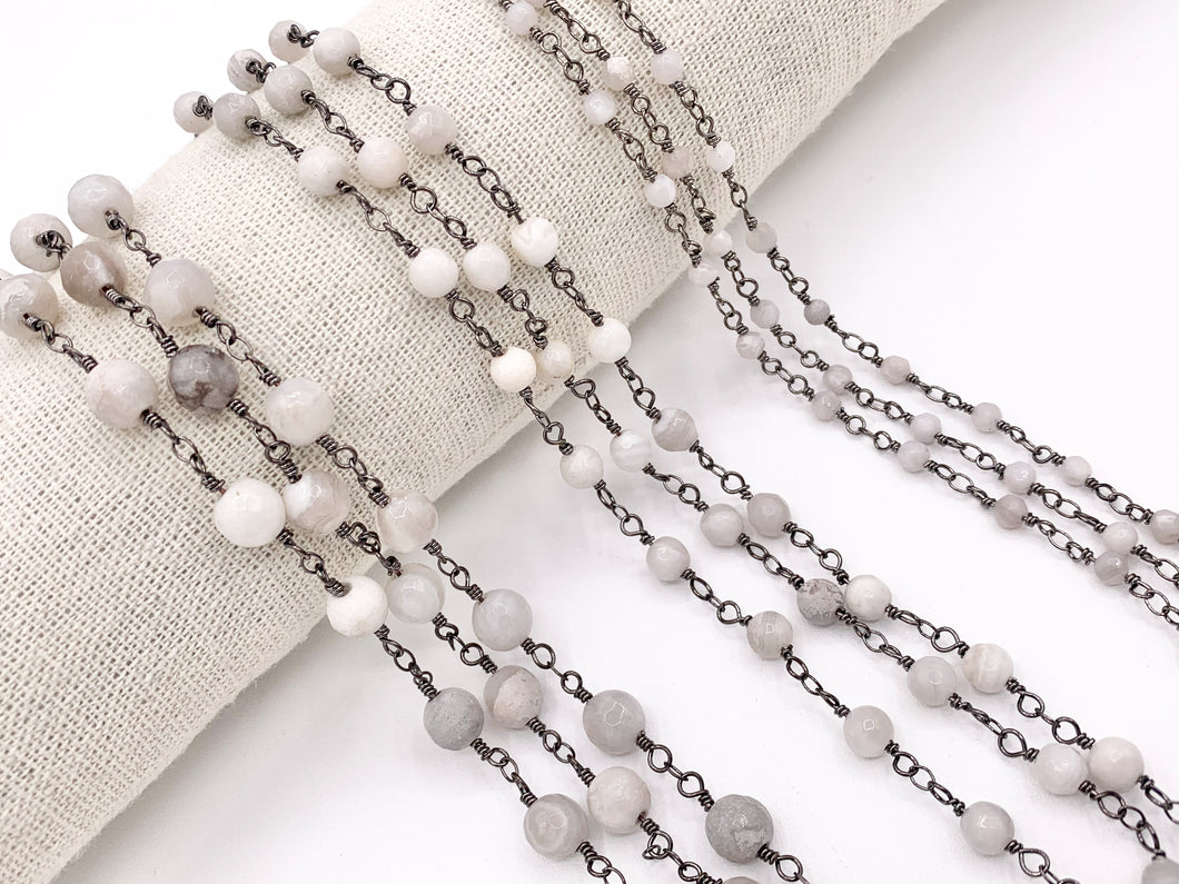 White Lace Agate Round Faceted Rosary Style Beaded Wired Chain With Gunmetal Wire By Spool 4mm 6mm 8mm