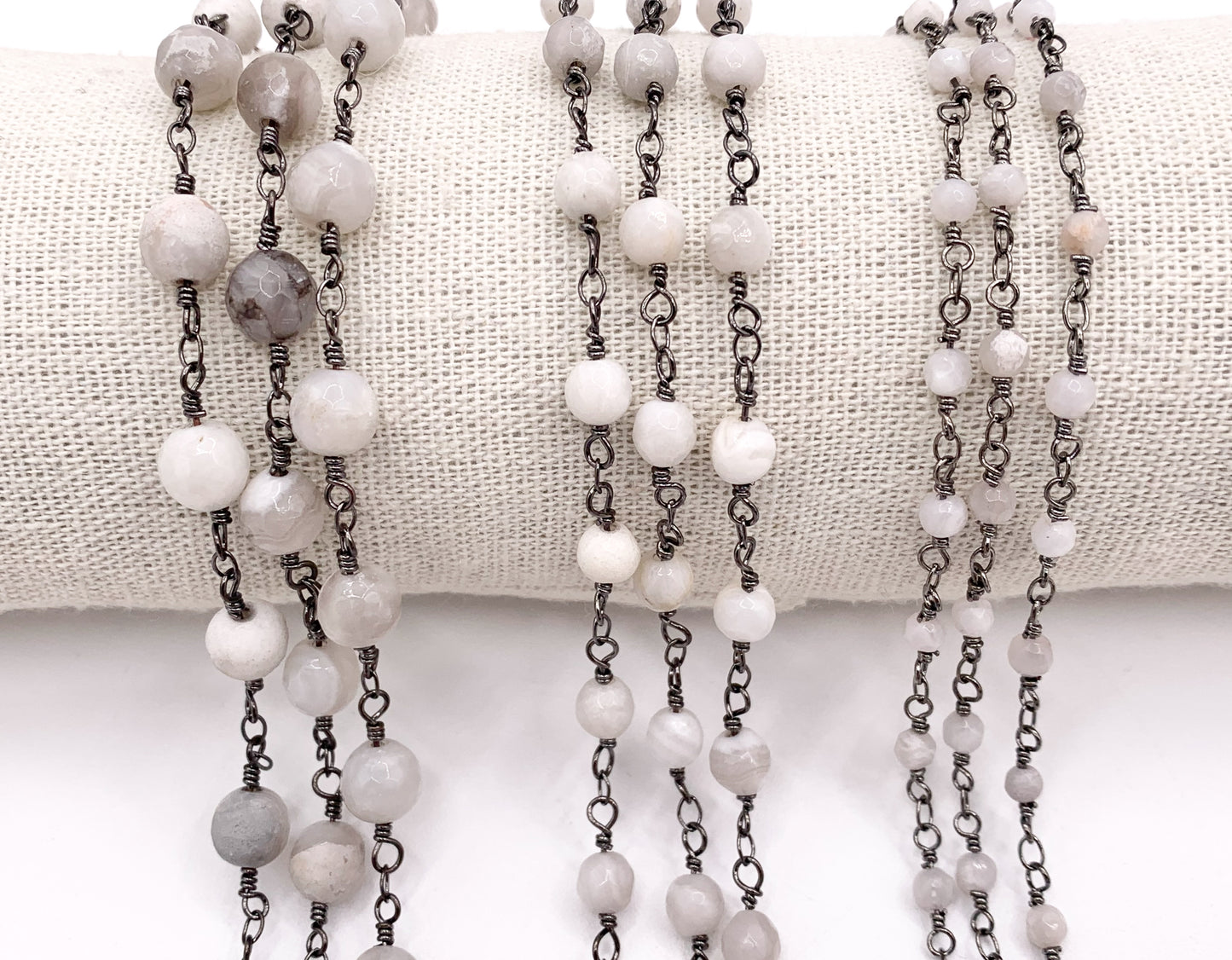 White Lace Agate Round Faceted Rosary Style Beaded Wired Chain With Gunmetal Wire By Spool 4mm 6mm 8mm
