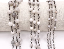 Load image into Gallery viewer, White Lace Agate Round Faceted Rosary Style Beaded Wired Chain With Gunmetal Wire By Spool 4mm 6mm 8mm
