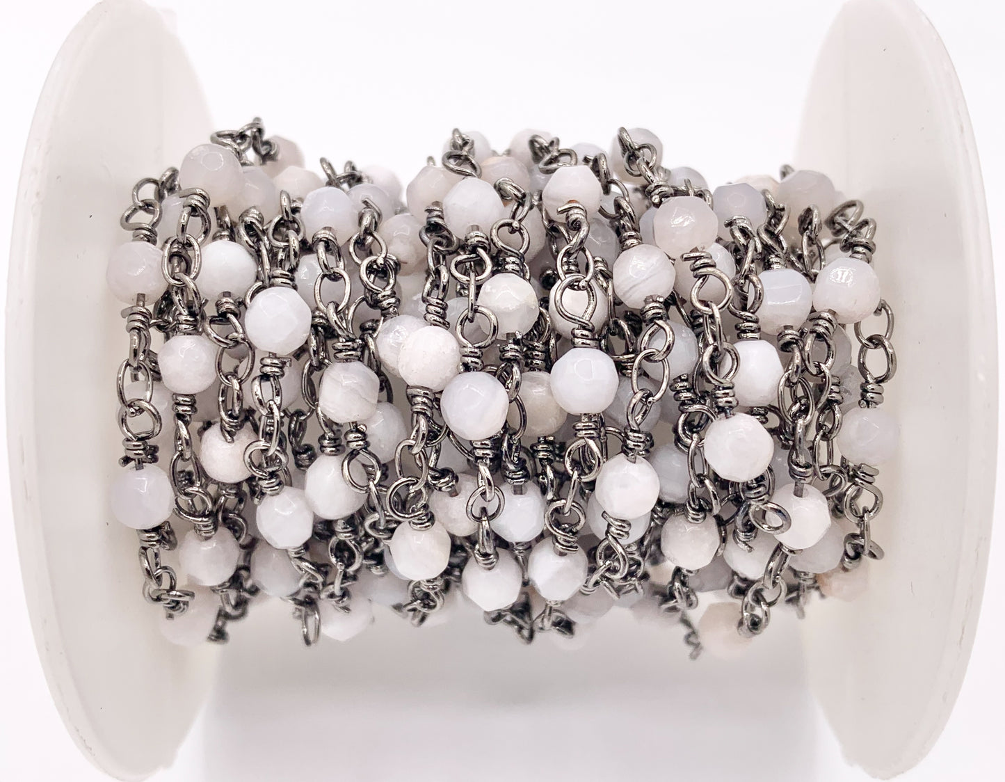 White Lace Agate Round Faceted Rosary Style Beaded Wired Chain With Gunmetal Wire By Spool 4mm 6mm 8mm