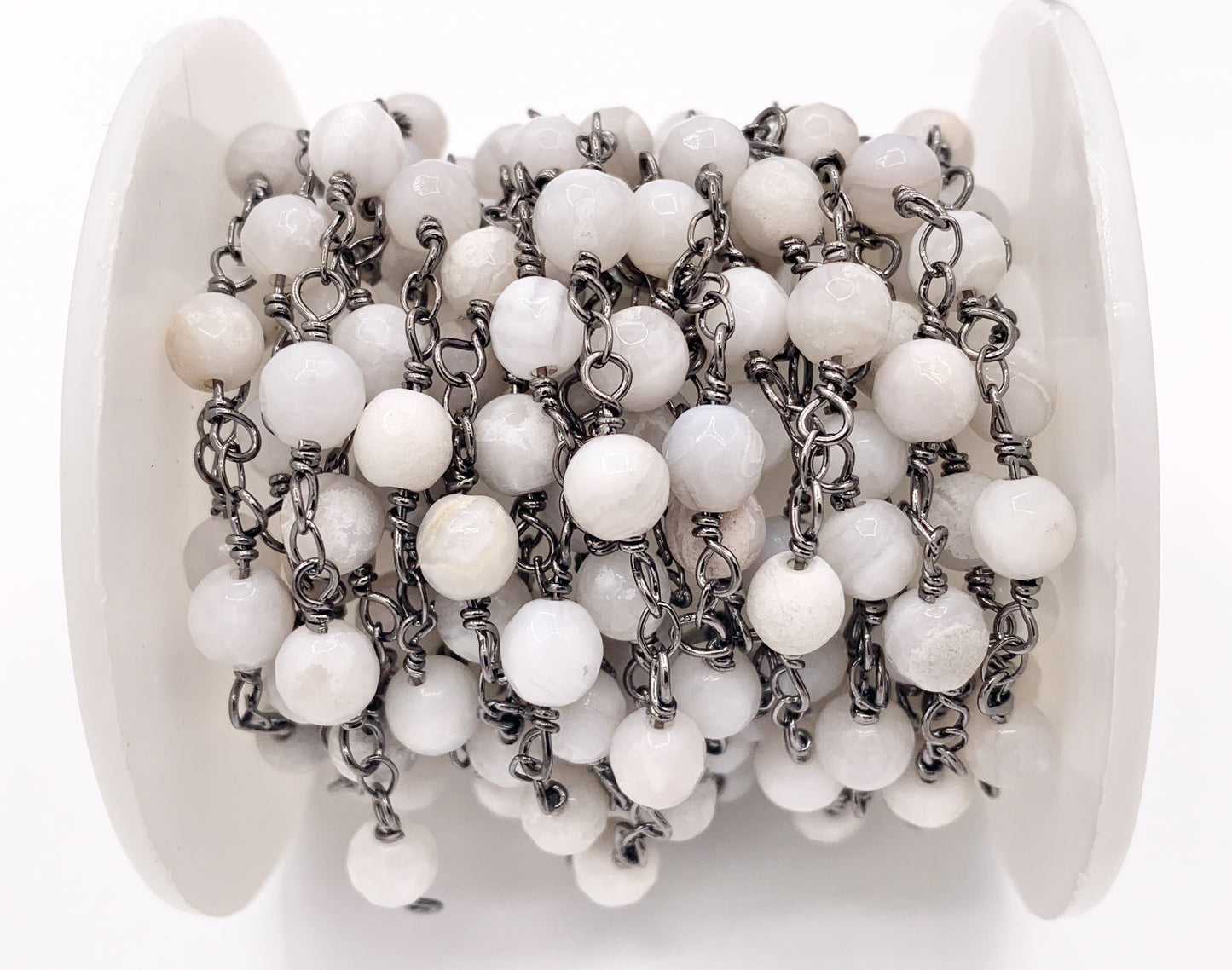 White Lace Agate Round Faceted Rosary Style Beaded Wired Chain With Gunmetal Wire By Spool 4mm 6mm 8mm