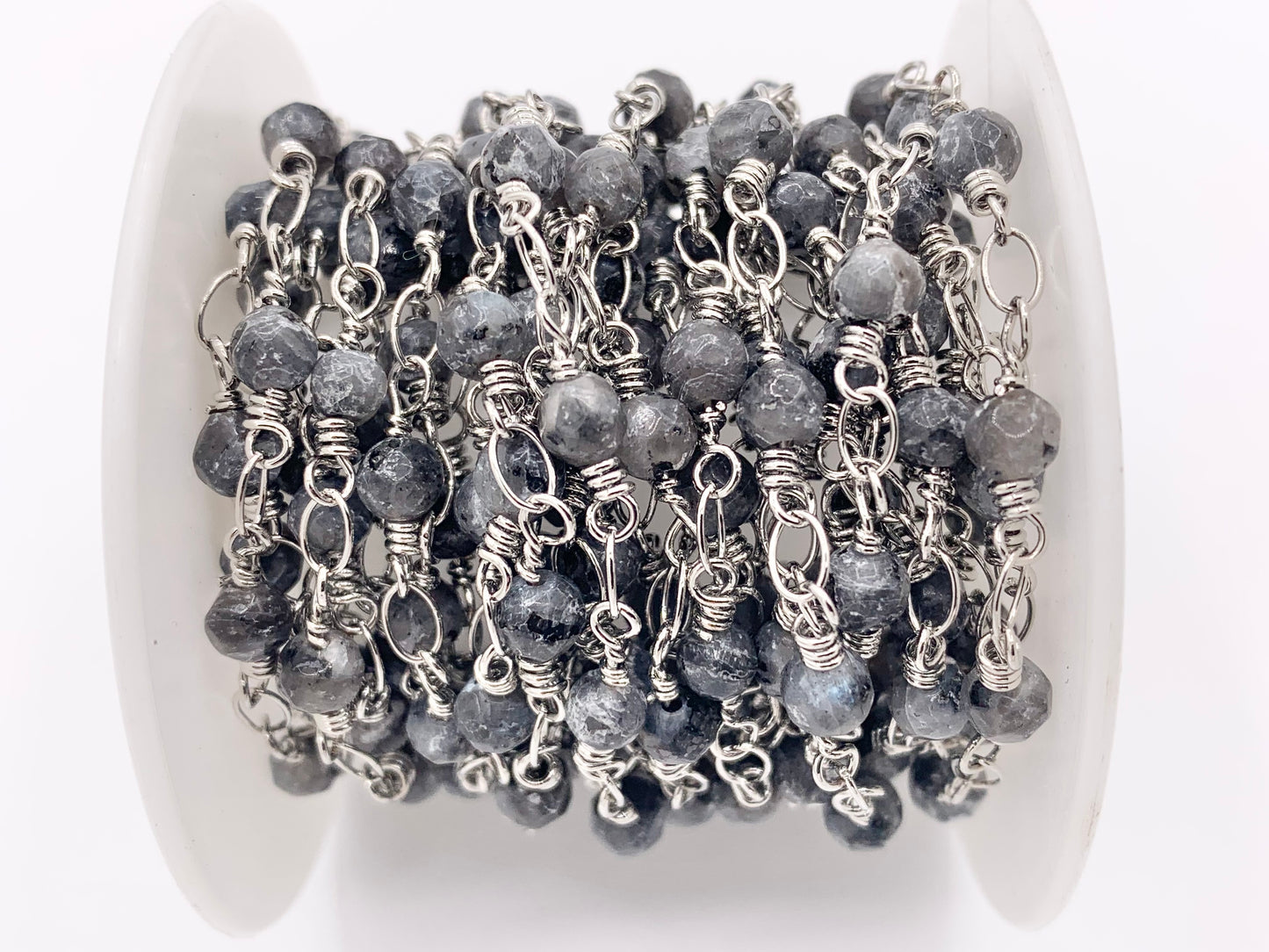 Black Labradorite Round Faceted Rosary Style Beaded Wired Chain With Silver Wire By Spool 4mm 6mm 8mm