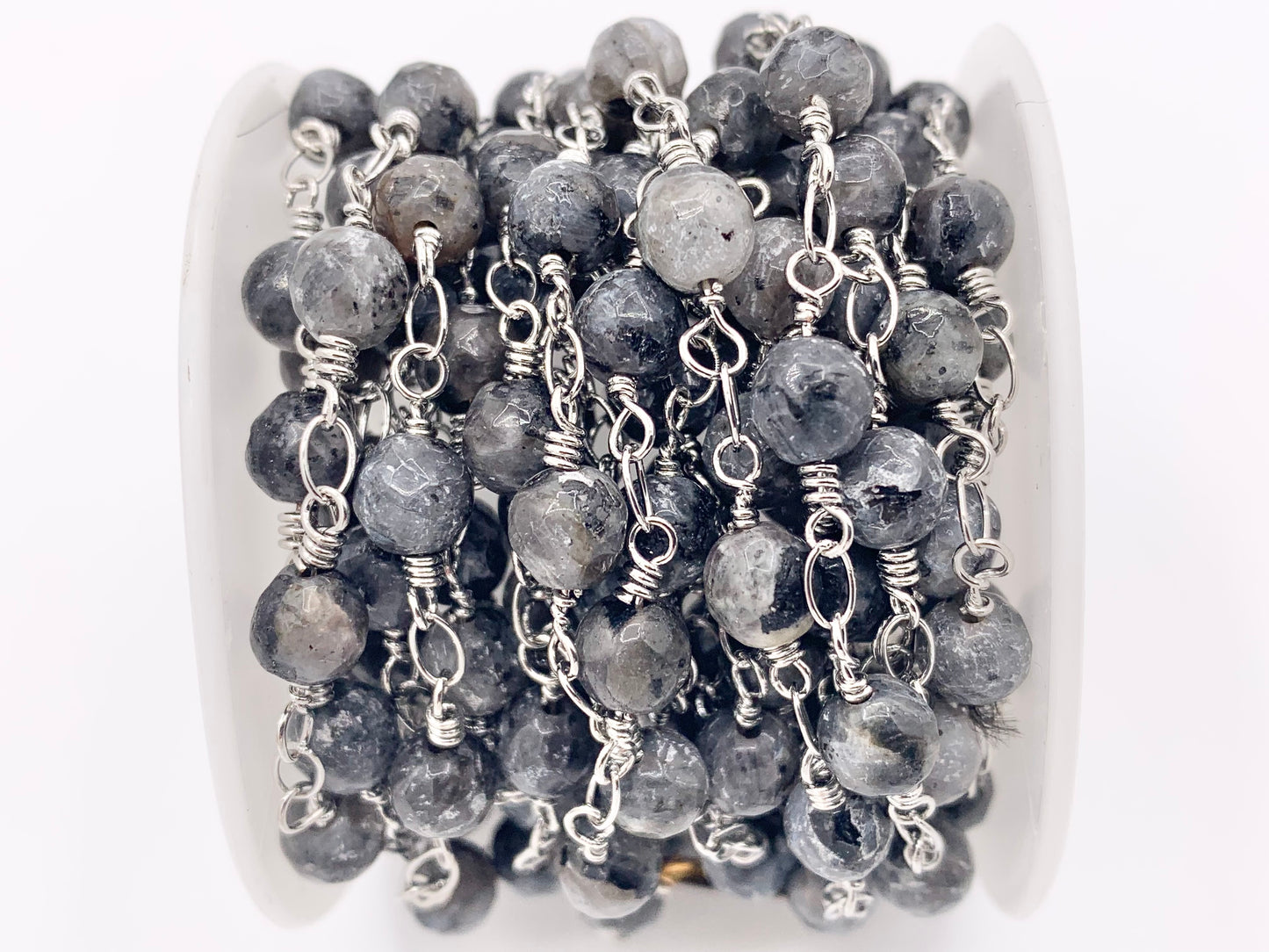 Black Labradorite Round Faceted Rosary Style Beaded Wired Chain With Silver Wire By Spool 4mm 6mm 8mm