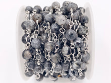 Load image into Gallery viewer, Black Labradorite Round Faceted Rosary Style Beaded Wired Chain With Silver Wire By Spool 4mm 6mm 8mm
