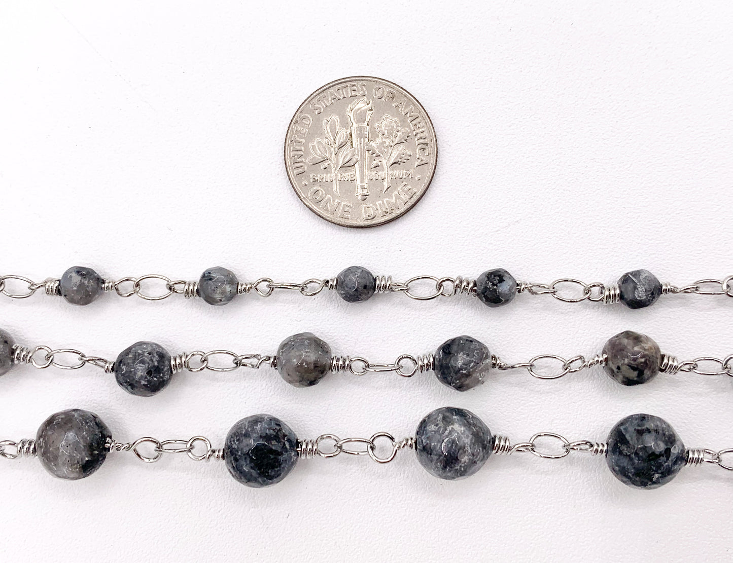 Black Labradorite Round Faceted Rosary Style Beaded Wired Chain With Silver Wire By Spool 4mm 6mm 8mm