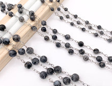 Load image into Gallery viewer, Black Labradorite Round Faceted Rosary Style Beaded Wired Chain With Silver Wire By Spool 4mm 6mm 8mm
