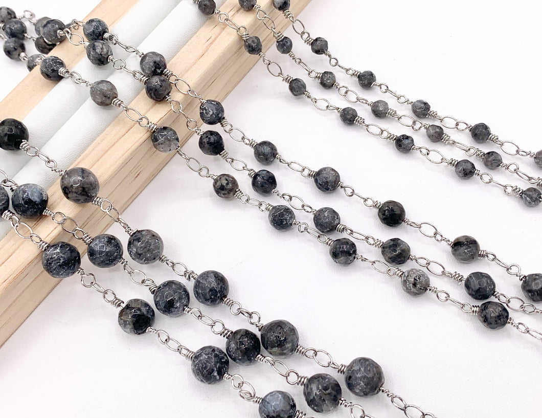 Black Labradorite Round Faceted Rosary Style Beaded Wired Chain With Silver Wire By Spool 4mm 6mm 8mm